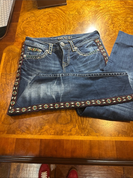 Grace Denim - Grace Dark Blue Straight-Leg Jeans with Multicolor Embroidered Trim